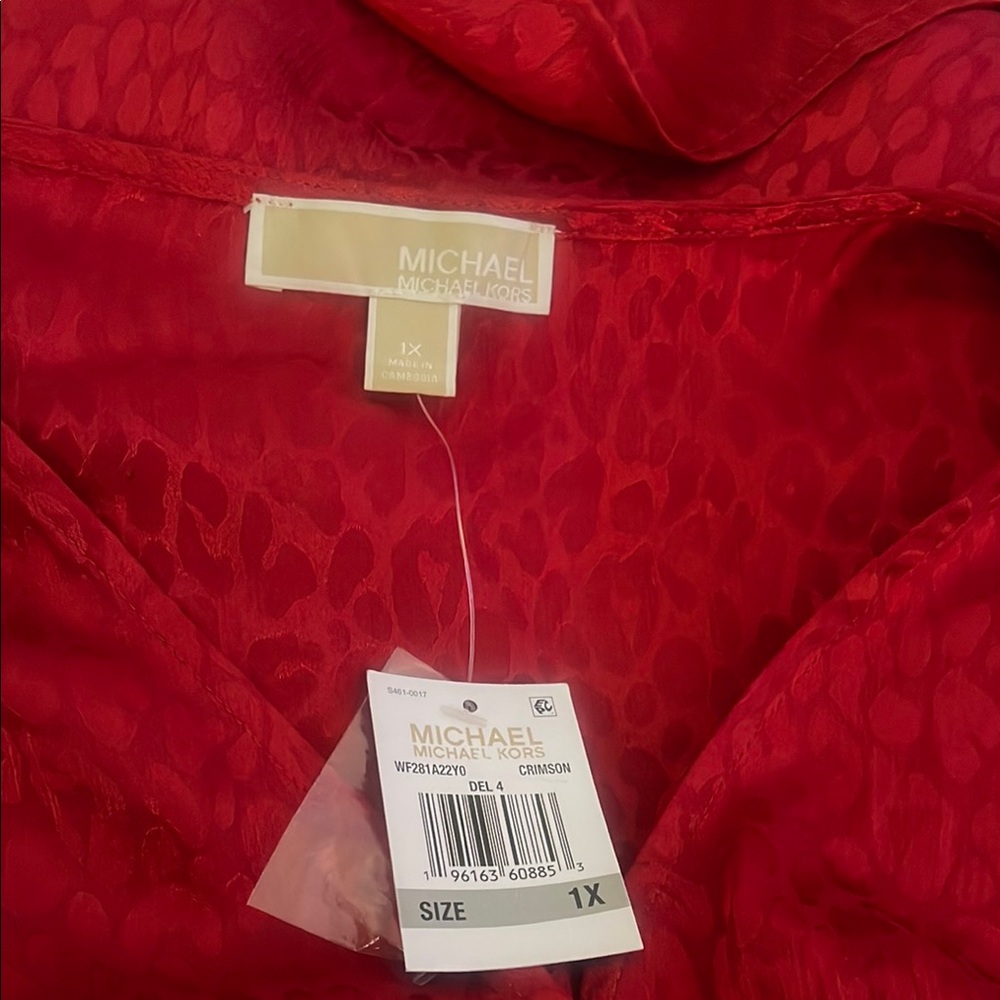 MICHAEL Michael Kors Cheetah Jacquard Red Wrap Midi Dress with Bishop Sleeves - Picture 2 of 5